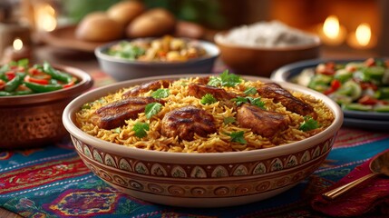 Fototapeta premium Delicious chicken biryani with saffron rice and fresh herbs being served on festive table