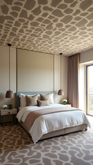 Elegant Bedroom Interior with Unique Ceiling Design and Soft Lighting