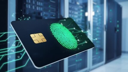 Credit card with a fingerprint graphic floats in front of server racks, suggesting data security and technology. - Powered by Adobe