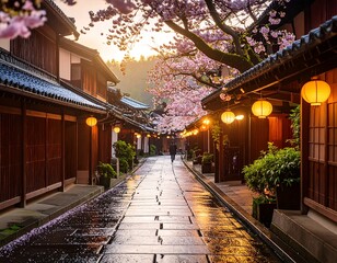 Obraz premium Cherry blossoms line a traditional Japanese street