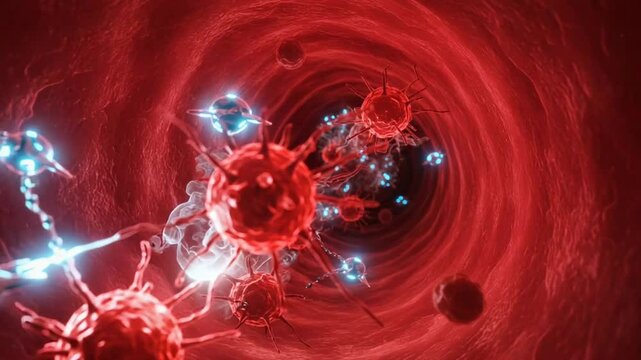Microscopic view of red cells and pathogens in blood