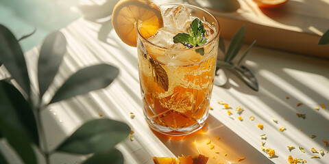 Iced Tea with Lemon Slice and Mint Leaves in Sunlight

