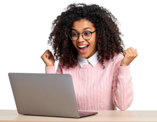 Energetic young woman with natural afro hairstyle and light-rimmed glasses, dressed
