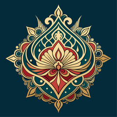 Elegant Ornamental Design with Gold Red and Teal Colors on a Dark Background