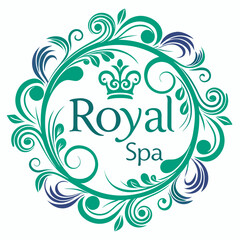 Elegant Royal Spa Logo Design with Floral Ornaments and Crown in Teal and Blue