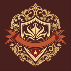 Elegant Golden Shield with Floral Ornaments and Banner on a Dark Brown Background