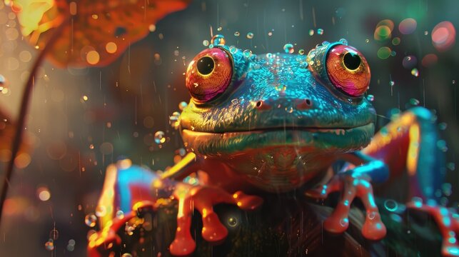 Macro Shot of a Colorful Tree Frog in the Rain with Bokeh Lighting