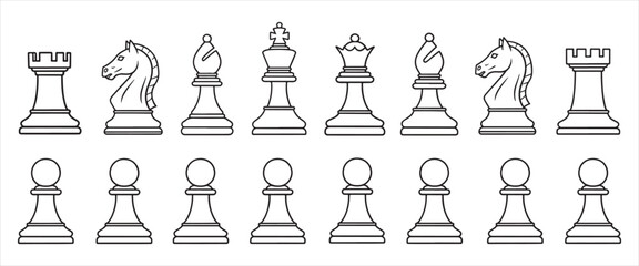 A complete set of 16 white chess pieces in vector style, including king, queen, two rooks, two bishops, two knights, and eight pawns. Arranged neatly in a single image. Minimalist and clean vector