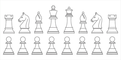 A complete set of 16 white chess pieces in vector style, including king, queen, two rooks, two bishops, two knights, and eight pawns. Arranged neatly in a single image. Minimalist and clean vector
