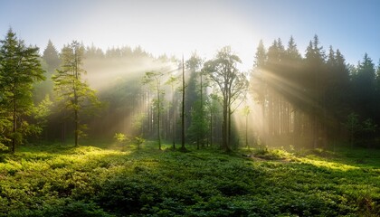 Obraz premium enchanting rays of sunlight in a green forest a mix of sunshine and light fog create a magical atmosphere in this panoramic nature shot