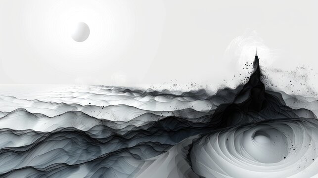Generate a captivating digital illustration portraying an abstract archipelago in a map view, crafted with intricate black pointillism. 