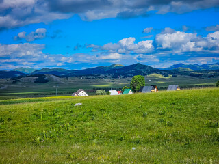 Montenegro landscape with Durmitor mountain and village Pitomine