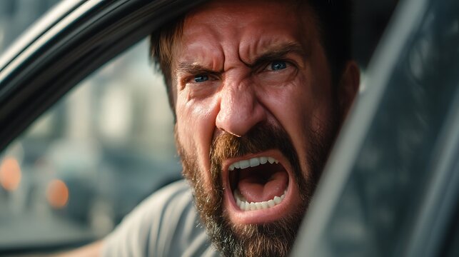 a real man angrily shouting from inside his car window at another driver, intense facial expression, urban traffic background, social issue road rage, photorealistic 