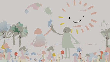 Two figures high fiving under a smiling sun with confetti and mushrooms in a whimsical landscape scene