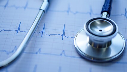 Stethoscope Resting on ECG Chart Showing Heart Rhythm, Medical Equipment on Cardiac Diagnostic Report