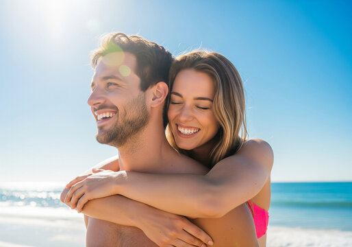 Smiling couple woman hugging man from behind on a sunny beach