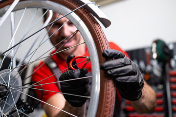 Fototapeta premium Professional experienced bicycle serviceman fixing wheel spokes.
