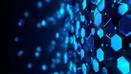Futuristic honeycomb structure in dark blue, glowing hexagon shapes connected in a digital network, Data visualization and high-tech background with neon blue hexagons