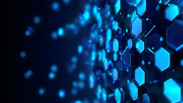 Futuristic honeycomb structure in dark blue, glowing hexagon shapes connected in a digital network, Data visualization and high-tech background with neon blue hexagons