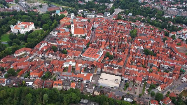 Aerial view around the old town in the city Celle on an sunny spring day