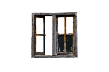 Decayed weathered wooden window frame on a transparent background Old Architecture