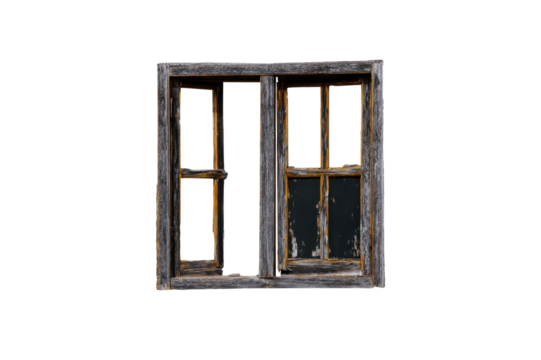 Decayed weathered wooden window frame on a transparent background Old Architecture
