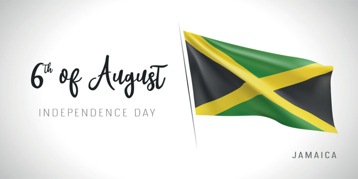 Jamaica independence day vector banner, greeting card. Jamaican wavy flag in 6th of August patriotic holiday horizontal design with realistic flag - Powered by Adobe