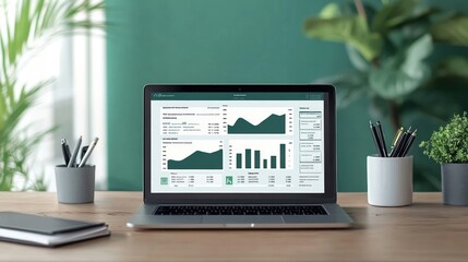 A virtual accounting interface showing taxation, bookkeeping, and profit strategies on a businessmana??s laptop.