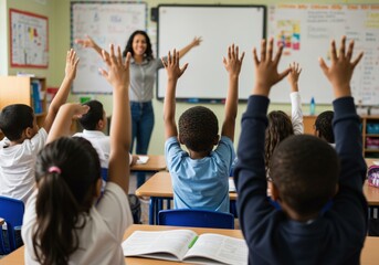 A diverse group of students raises their hands to answer a question in the classroom.