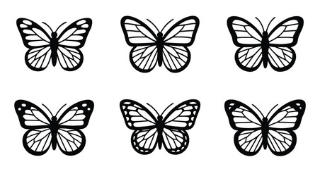 Obraz premium Black and White Monarch Butterfly Illustrations Detailed Wing Veins Spot Patterns Simple Line Art Graphic Design Elements