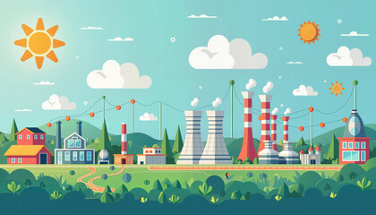 Naklejka premium Industrial landscape with factories and sunny sky 