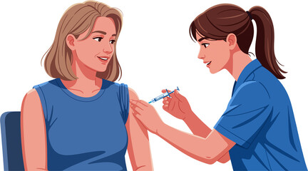 Nurse Applying Vaccination to Young Woman. Promotes vaccination and medical prevention campaigns. Nurse administering a vaccine to the arm of a smiling patient. Transparent background. 