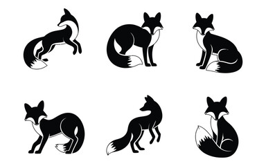 Black and White Fox Silhouettes Different Poses Animal Wildlife Vector Graphic Design Elements