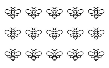 Black Outline Bees Arranged in Three Rows of Five on White Background Simple Bee Pattern Graphic Design Element