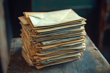 Stack of Old Paper Envelopes and Documents on Wooden Surface in Vintage Setting