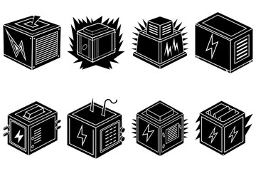 Isometric black and white illustration of eight stylized power generators with lightning bolts design
