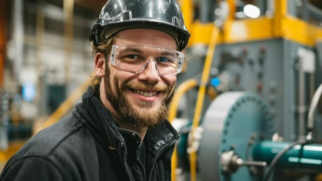 hombre joven con coleta rubia y casco y gafas de protecci&oacute;n, t&eacute;cnico o ingeniero industrial ense&ntilde;ado aparatos tecnol&oacute;gicos de su empresa