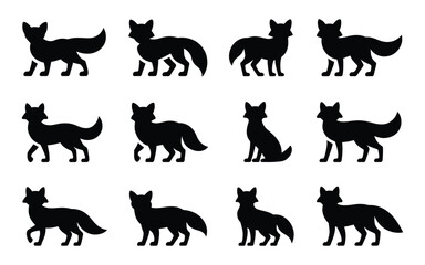 Black Fox Silhouettes Various Poses Standing Sitting Animal Icons Wildlife Graphic Design Elements