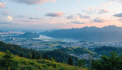 Fototapeta premium Panoramic view of a city nestled at the base of mountains near a lake