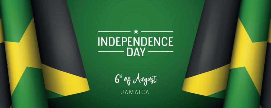 Jamaica independence day vector banner, greeting card. Jamaican wavy flag in 6th of August national patriotic holiday horizontal design