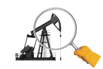 Hand with a magnifying glass look at silhouette of oil drilling derrick. Modern photo collage style. Illustration on transparent background