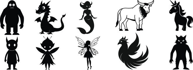 Set of Mythical and Fantasy Creatures Silhouettes vector