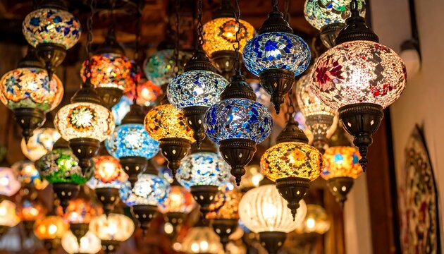 Colorful mosaic lamps hanging in a market - Powered by Adobe