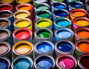 Fototapeta premium a vibrant array of open paint cans showcasing a spectrum of bold colorsmblue yellow green red orange pink
