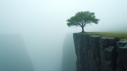 Solitary Tree on Misty Cliff Edge, Dramatic Landscape, Foggy Environment, Peaceful Scenery, Nature's Resilience, Scenic Views, Atmospheric Mood