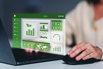 Co2 reduce net zero emission, business woman using software to lower CO2 emissions to renewable...