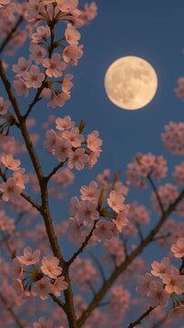 A serene video frame captures cherry blossoms in full bloom against a full moon backdrop, shot from a low angle to emphasize the blossoms and sky. Live mobile wallpaper.