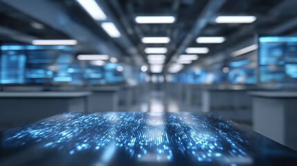 Futuristic lab with AI code on transparent screens and steel benches