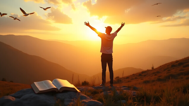 Man with arms raised towards the sunlight with a bible on the rock in the mountains