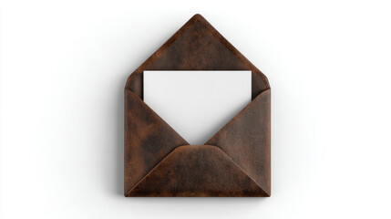 Leather Envelope, A minimalist shot of a sleek, brown leather envelope-style pouch with a blank white card. On a clean white background. No text. Isolated on pure white. 3d illustration.